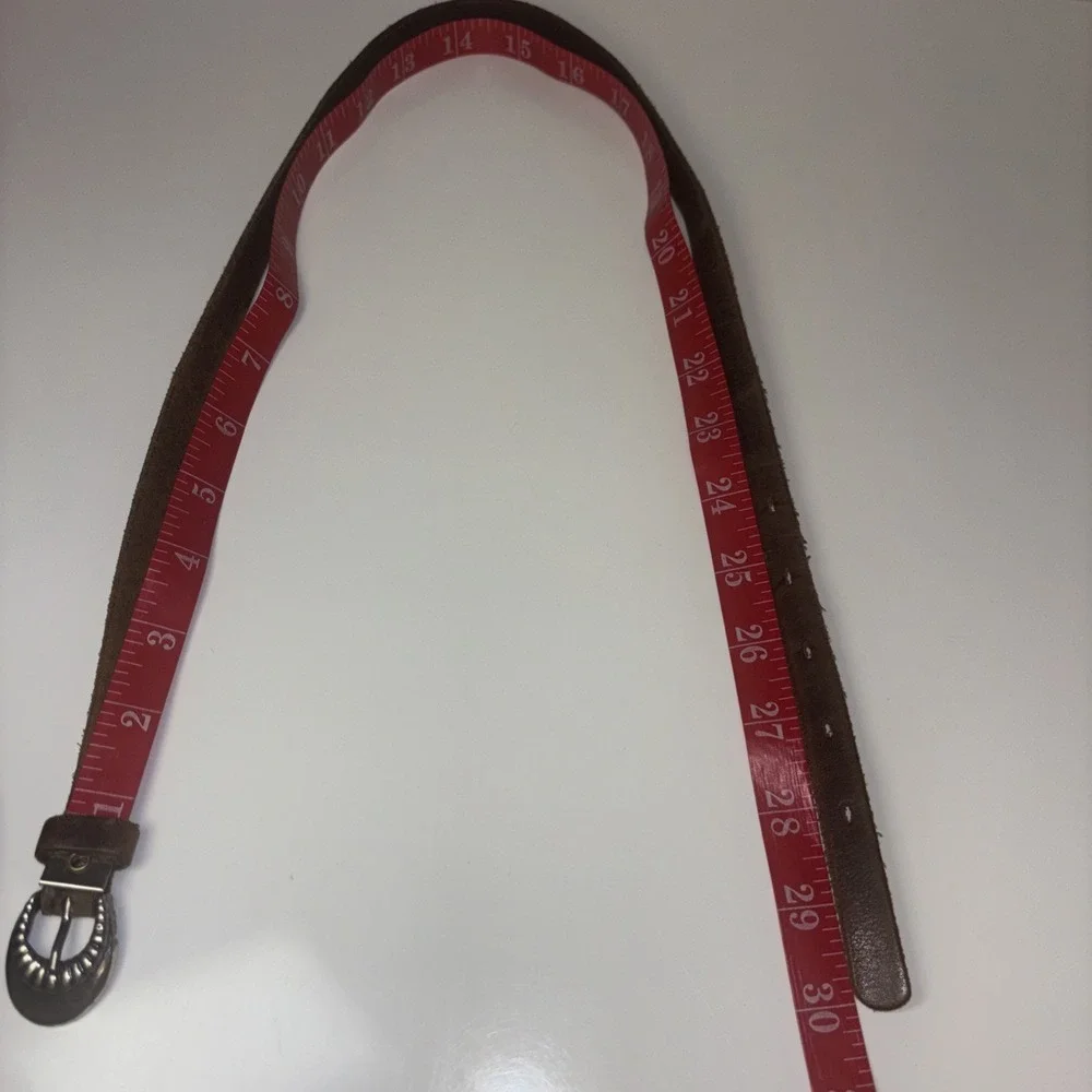 Vintage Brown Leather Skinny Belt Silver Etched Buckle Western Boho 30 Inch